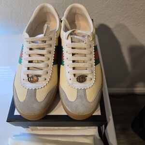 Gucci Calfskin Suede Web Womens G74 Sneakers 39 Oatmeal Burro New Mystic White